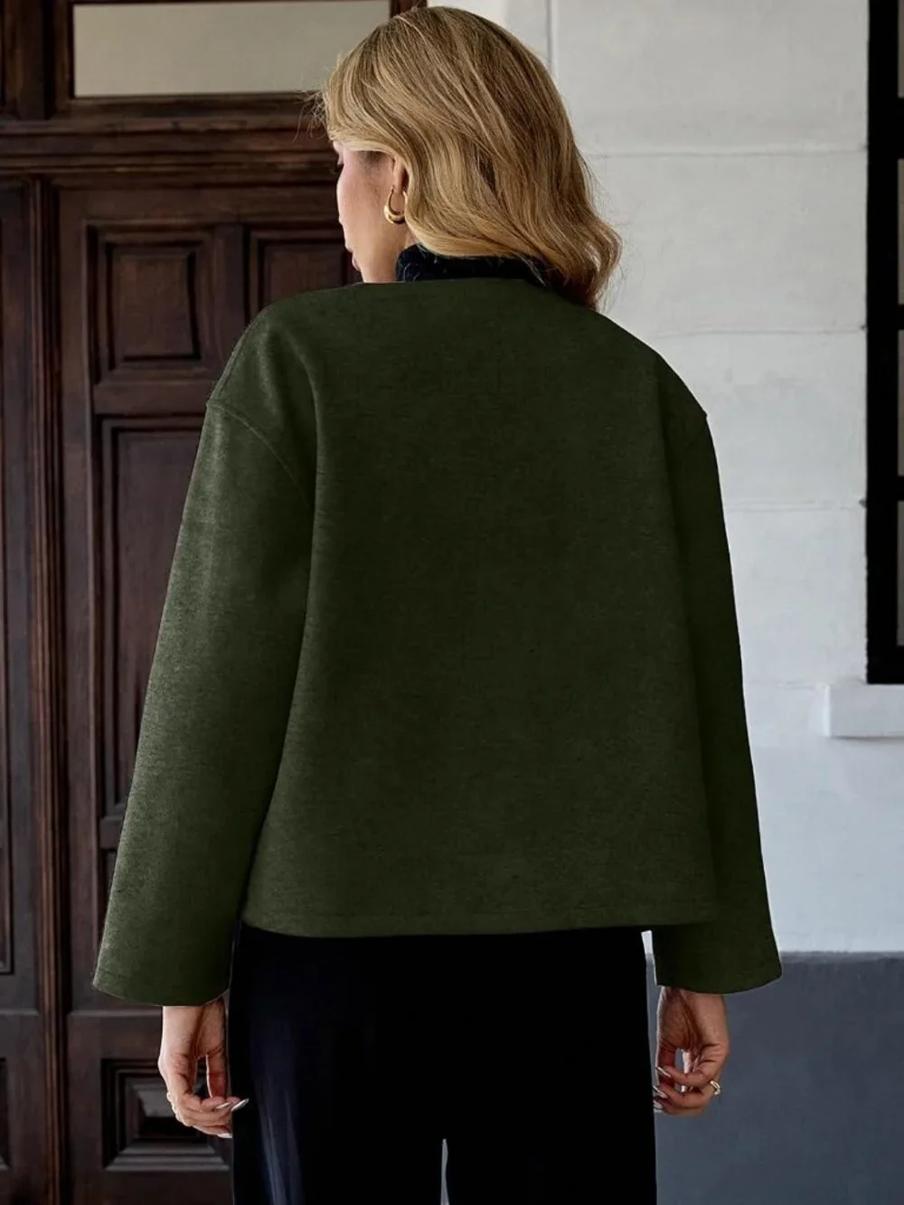 Women's Olive Wool Blend Cropped Collarless Long Sleeve Short Fall Pea Overcoat